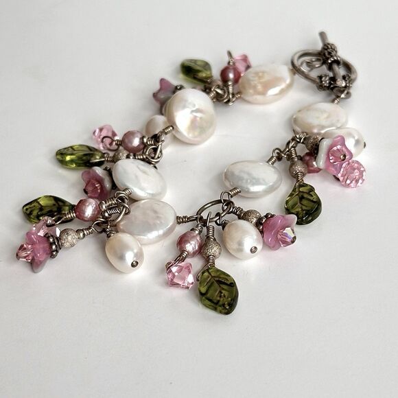Coin Rice Pearl Dangling ChaCha Pink White Beaded Charm Bracelet Fairy Garden - Picture 9 of 11